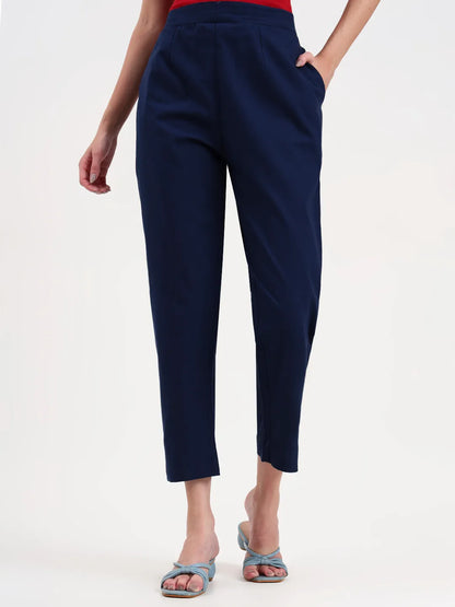 Navy Blue Woven Cotton Flex Trousers Slim Fit Regular Pant