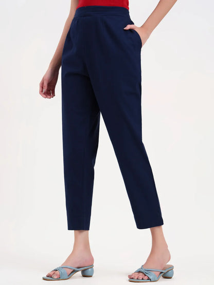 Navy Blue Woven Cotton Flex Trousers Slim Fit Regular Pant