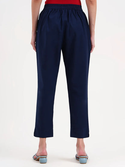 Navy Blue Woven Cotton Flex Trousers Slim Fit Regular Pant