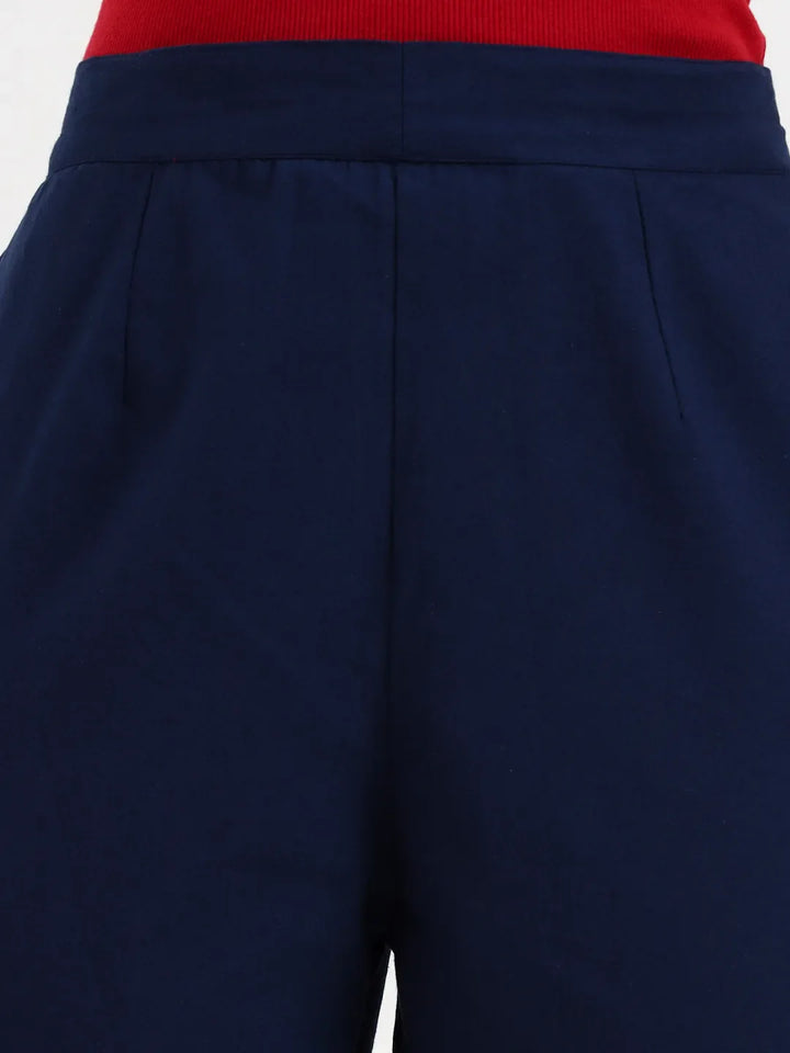 Navy Blue Woven Cotton Flex Trousers Slim Fit Regular Pant