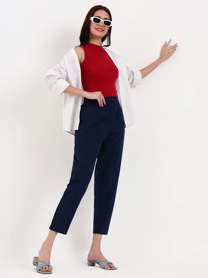 Navy Blue Woven Cotton Flex Trousers Slim Fit Regular Pant