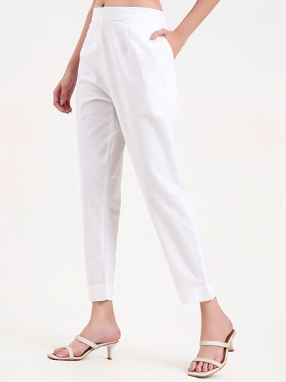White Woven Cotton Flex Trousers Slim Fit Regular Pant