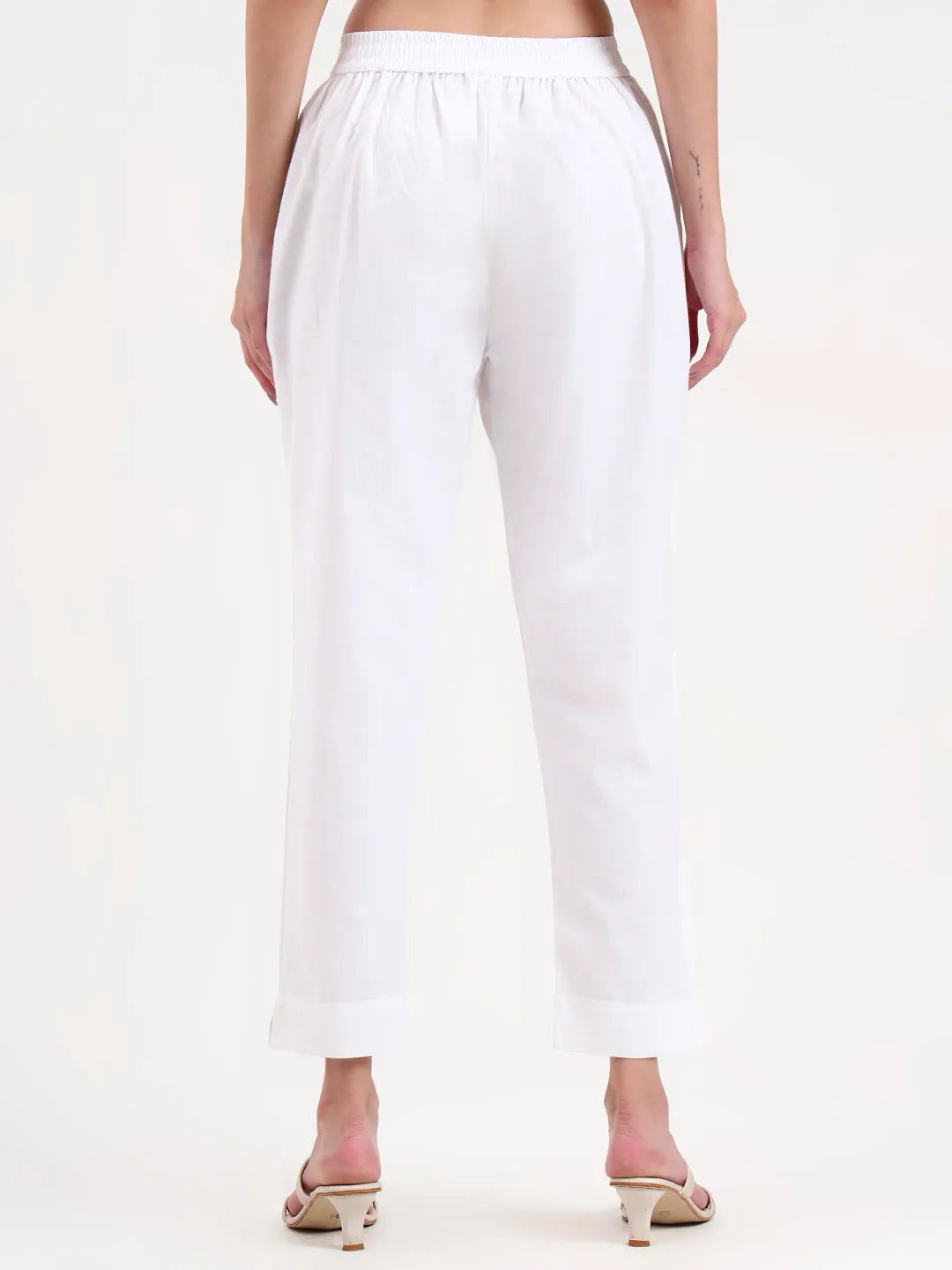 White Woven Cotton Flex Trousers Slim Fit Regular Pant