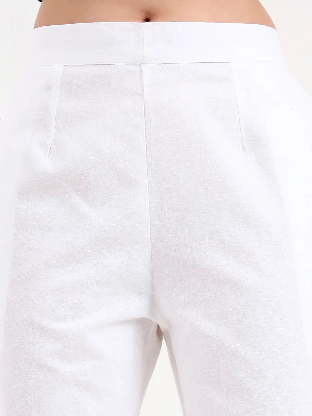 White Woven Cotton Flex Trousers Slim Fit Regular Pant