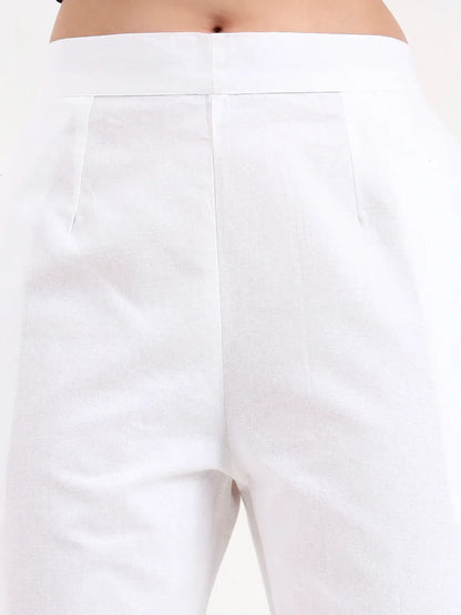 White Woven Cotton Flex Trousers Slim Fit Regular Pant