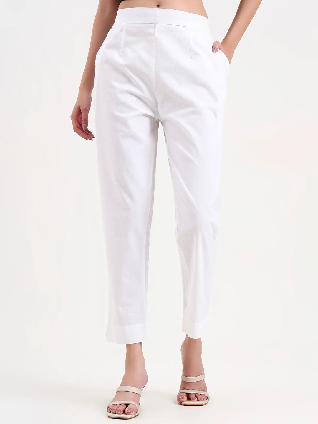 White Woven Cotton Flex Trousers Slim Fit Regular Pant