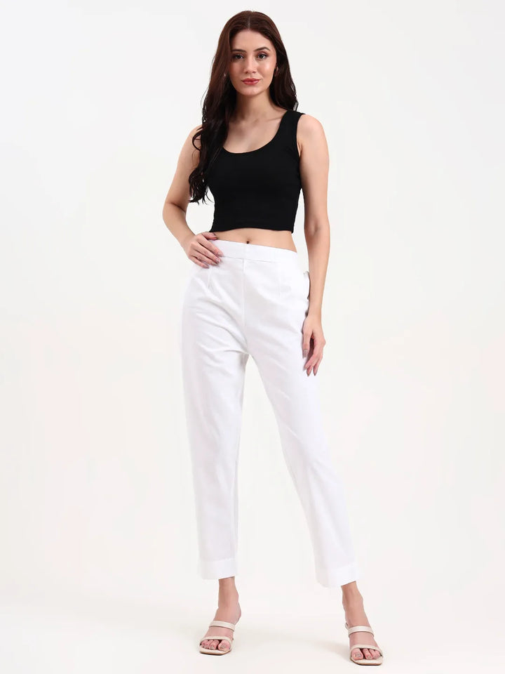 White Woven Cotton Flex Trousers Slim Fit Regular Pant