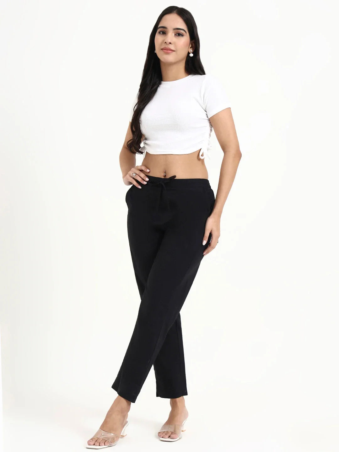 Mid-Rise Ankle-Length Regular Fit Poplin Pants
