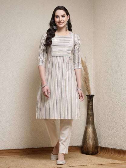 Woven Striped Cotton Blend Straight Kurta