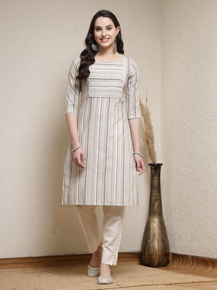 Woven Striped Cotton Blend Straight Kurta