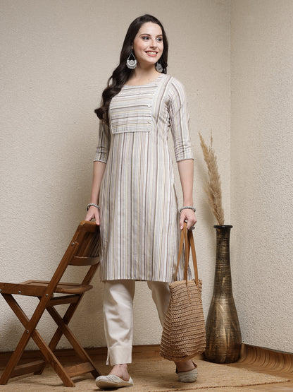 Woven Striped Cotton Blend Straight Kurta