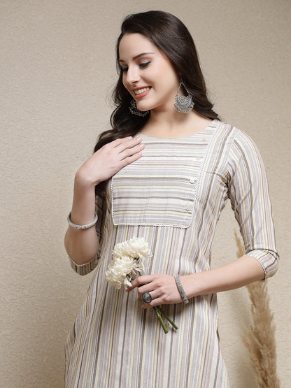 Woven Striped Cotton Blend Straight Kurta