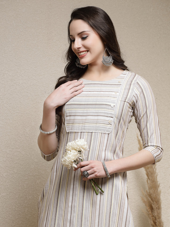 Woven Striped Cotton Blend Straight Kurta