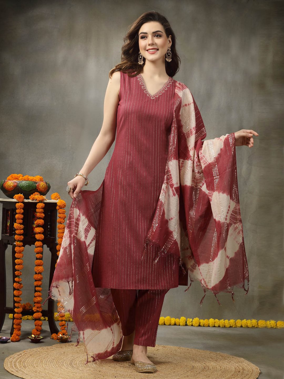 Woven Designed Cotton Blend Straight Kurta Pant Dupatta Set
