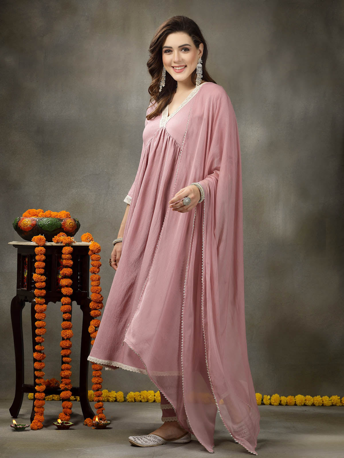 Solid Crepe Naira cut Kurta Pant Dupatta Set