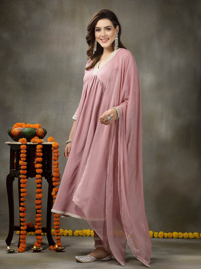 Solid Crepe Naira cut Kurta Pant Dupatta Set (Pre-Order)