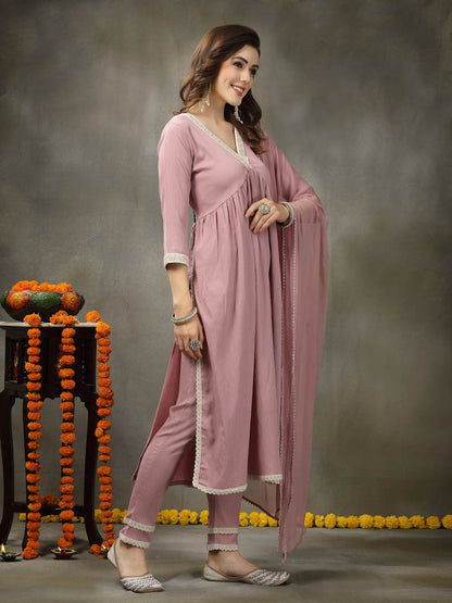 Solid Crepe Naira cut Kurta Pant Dupatta Set