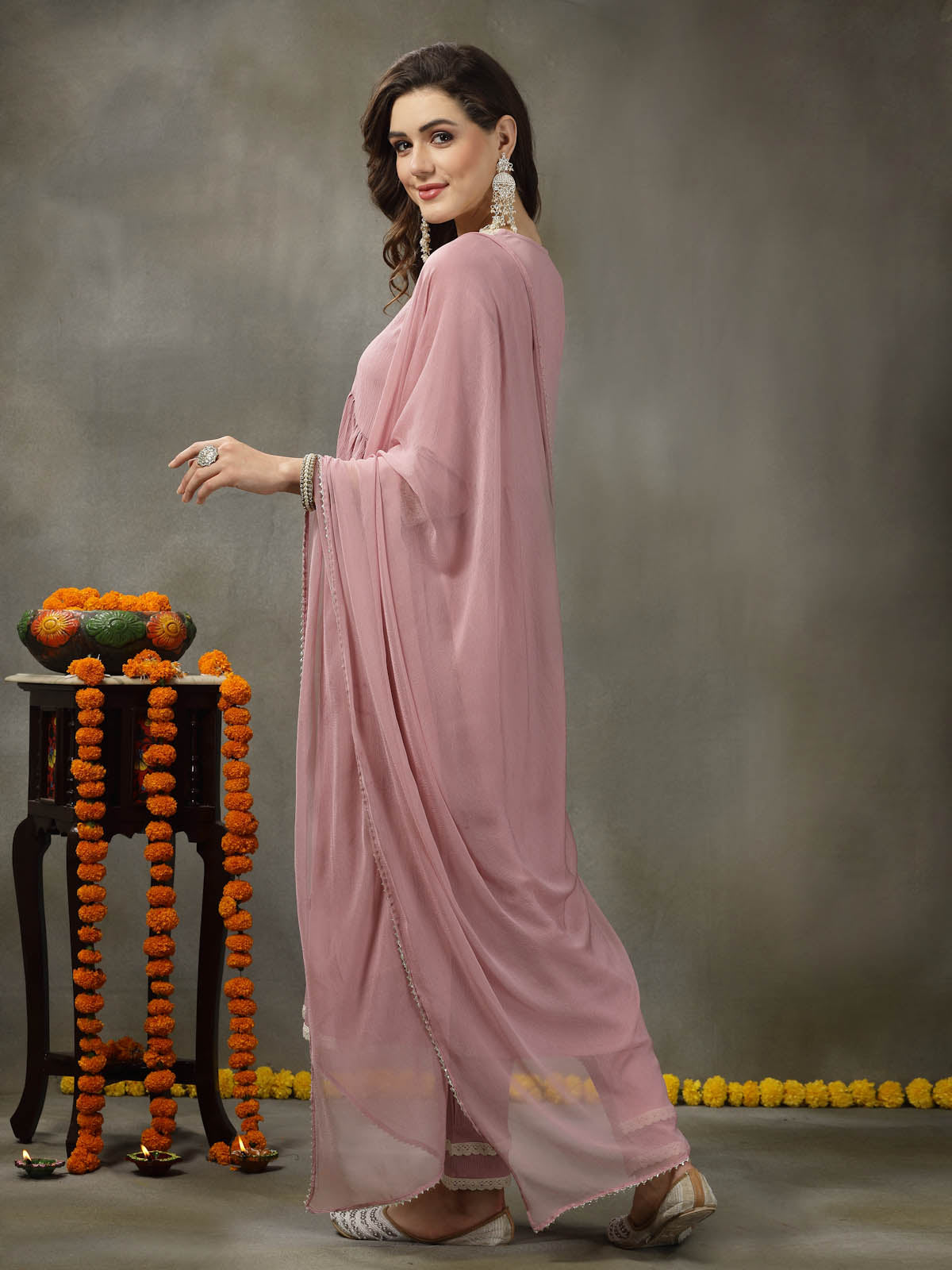 Solid Crepe Naira cut Kurta Pant Dupatta Set