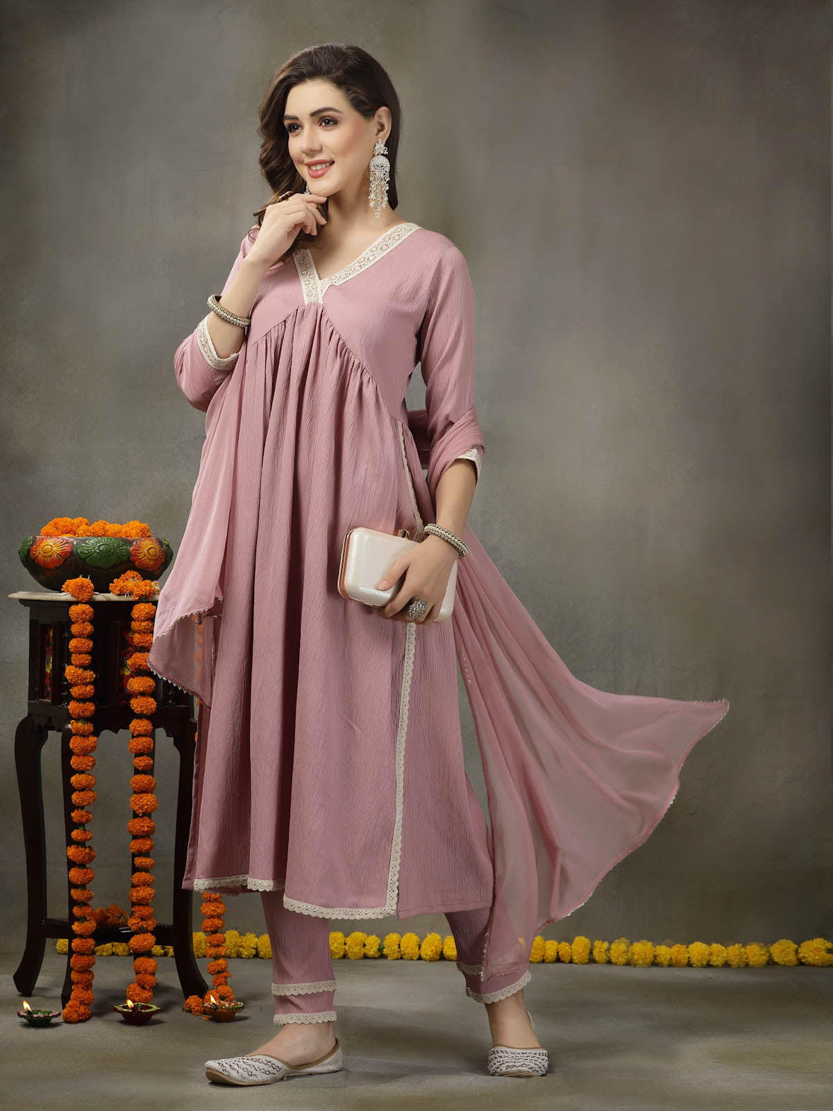 Solid Crepe Naira cut Kurta Pant Dupatta Set