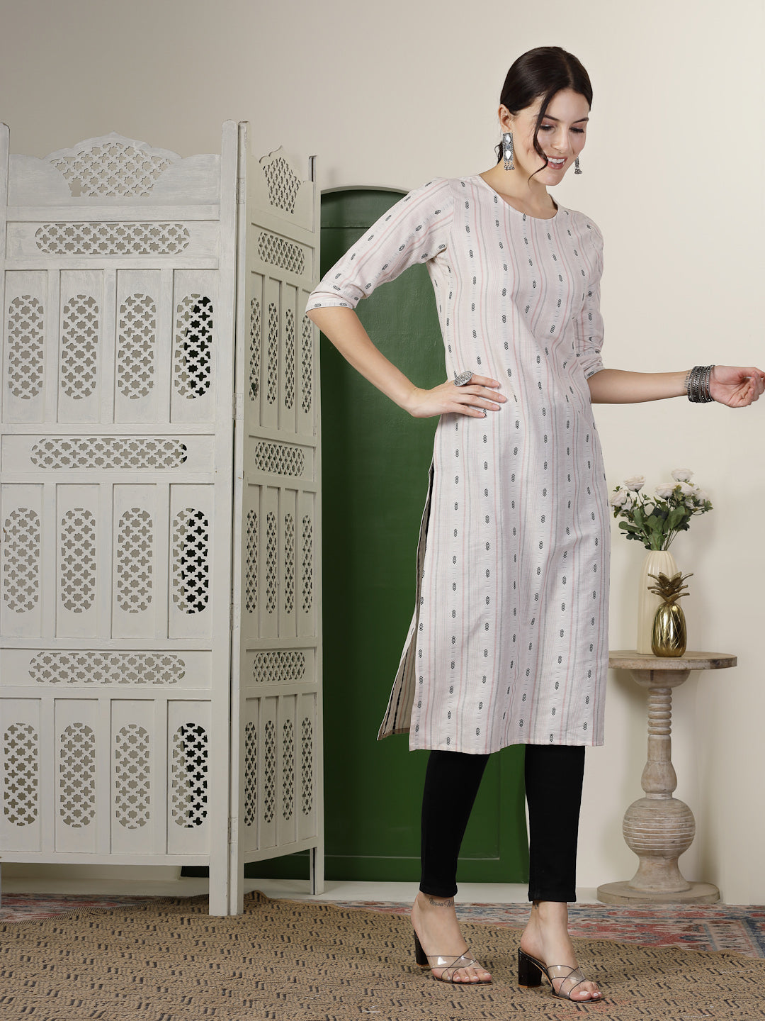 Self Designed Cotton Blend Straight Kurta