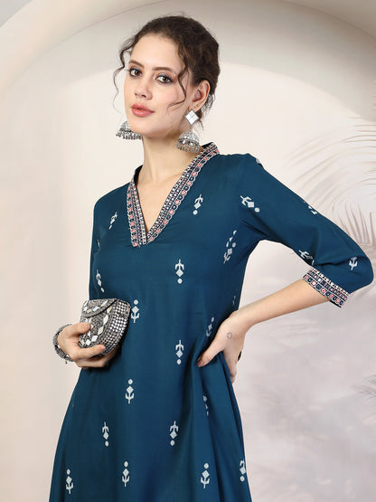 Rayon Calf Length Printed Asymmetric 3/4 Sleeves V Neck Kurta Suit Set