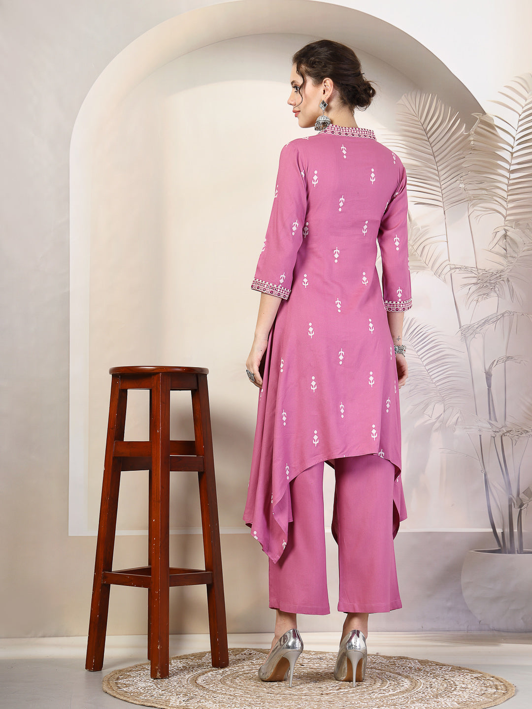 Rayon Calf Length Printed Asymmetric 3/4 Sleeves V Neck Kurta Suit Set