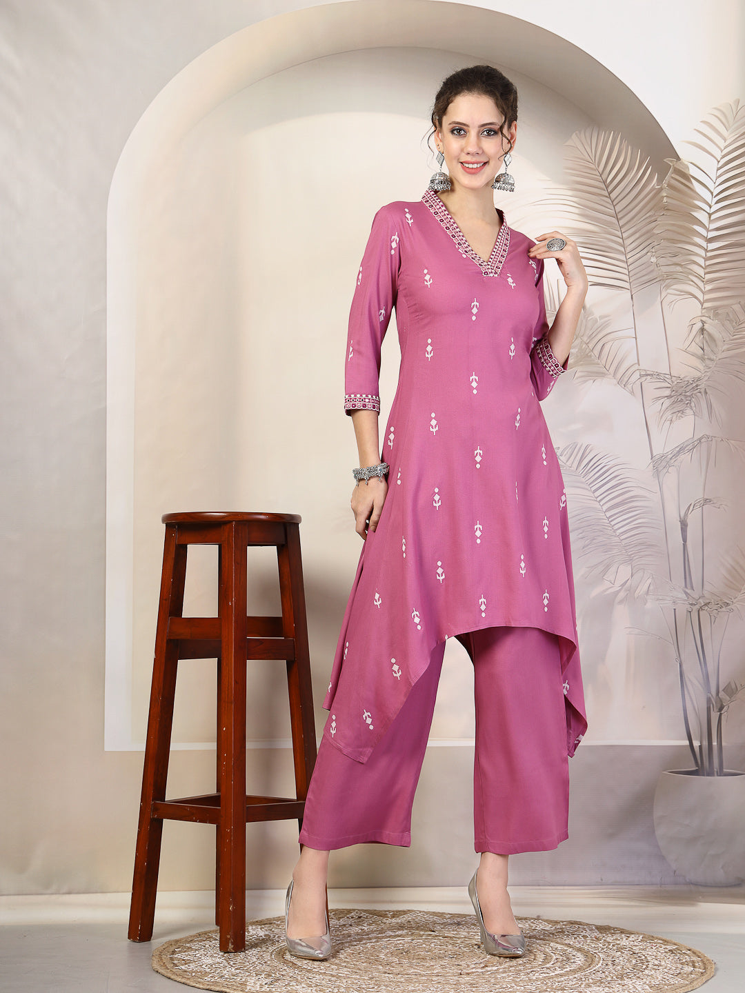 Rayon Calf Length Printed Asymmetric 3/4 Sleeves V Neck Kurta Suit Set