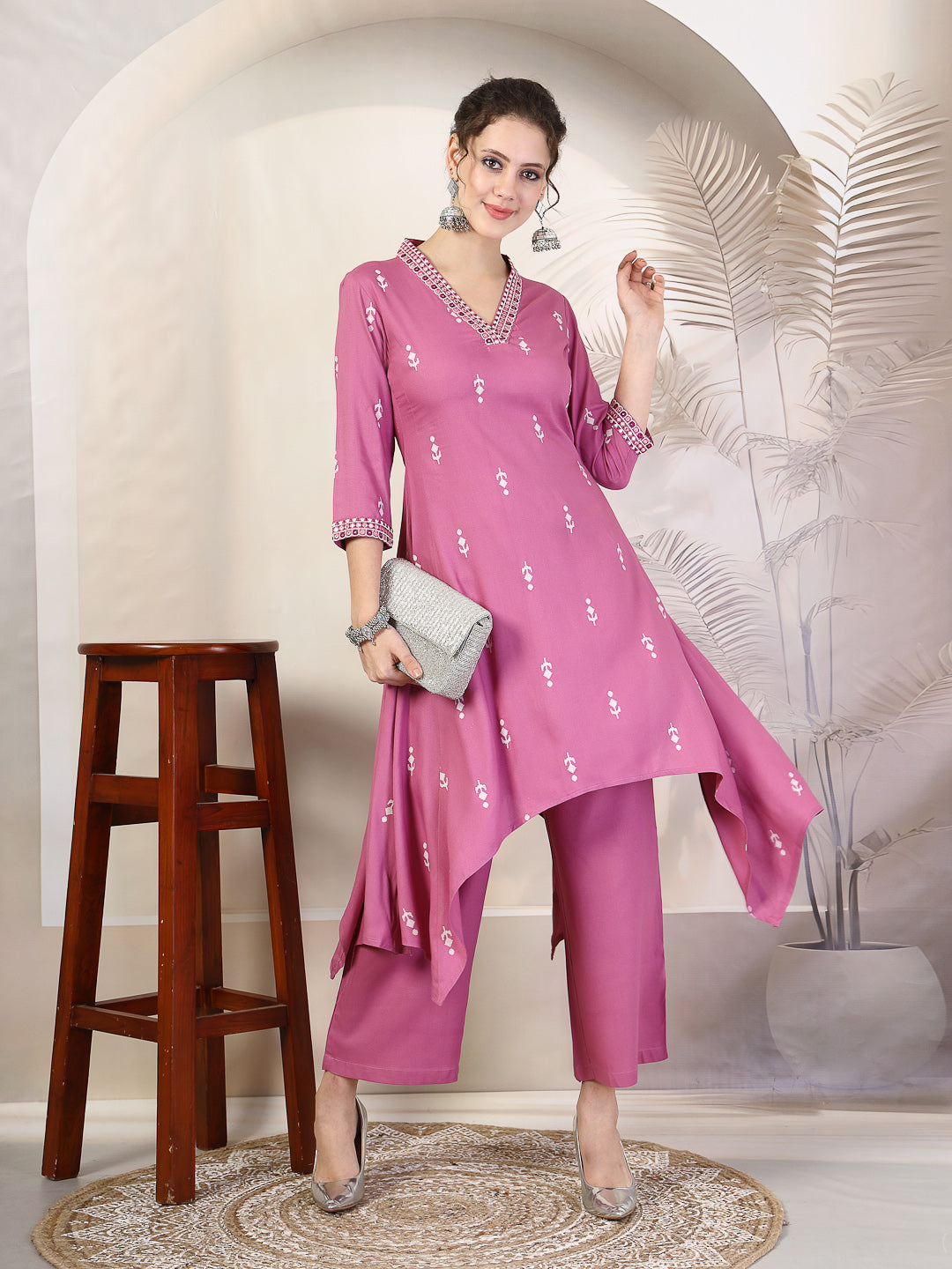 Rayon Calf Length Printed Asymmetric 3/4 Sleeves V Neck Kurta Suit Set
