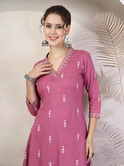 Rayon Calf Length Printed Asymmetric 3/4 Sleeves V Neck Kurta Suit Set