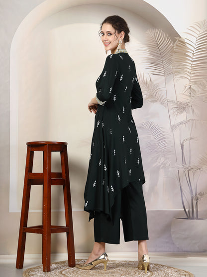 Rayon Calf Length Printed Asymmetric 3/4 Sleeves V Neck Kurta Suit Set