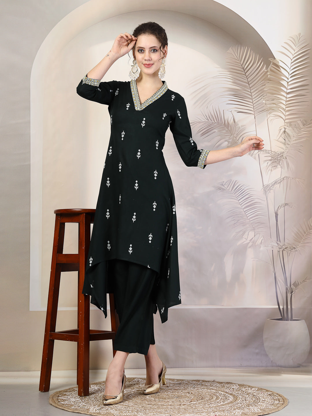 Rayon Calf Length Printed Asymmetric 3/4 Sleeves V Neck Kurta Suit Set