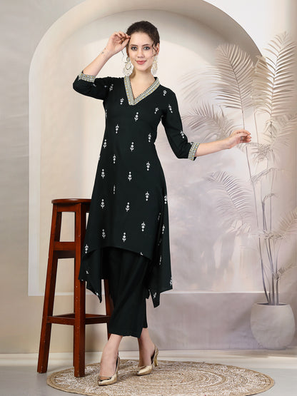 Rayon Calf Length Printed Asymmetric 3/4 Sleeves V Neck Kurta Suit Set