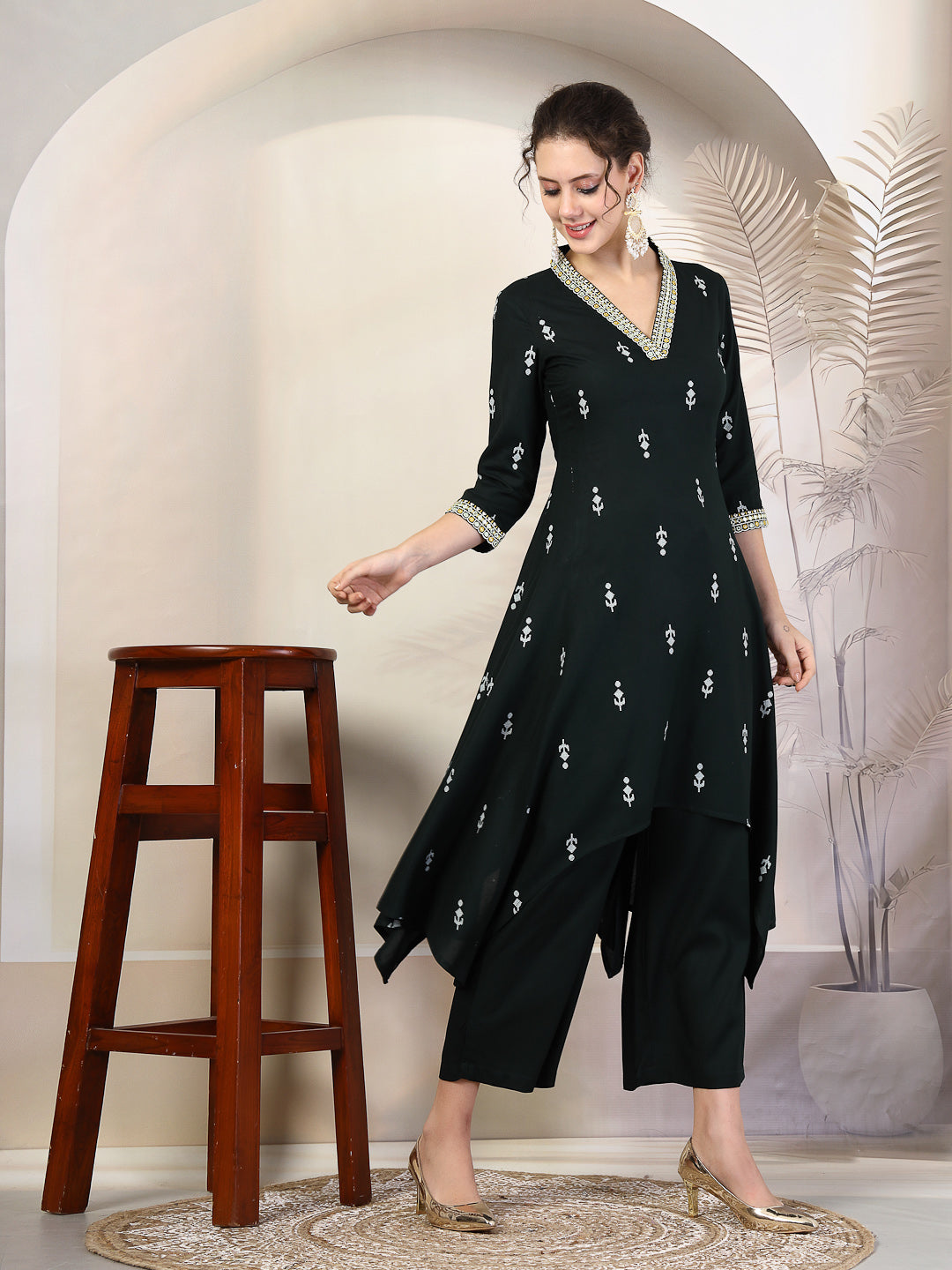 Rayon Calf Length Printed Asymmetric 3/4 Sleeves V Neck Kurta Suit Set