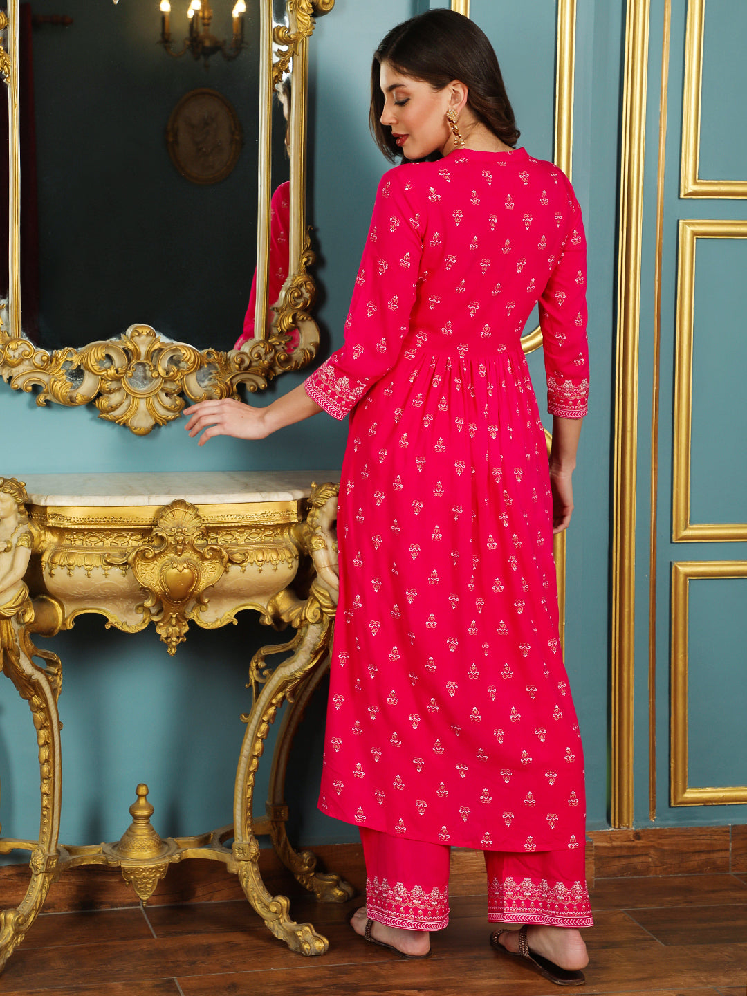 Rayon Calf Length Printed Flared 3/4 Sleeves Mandarin Neck Kurta Bottom Dupatta Set