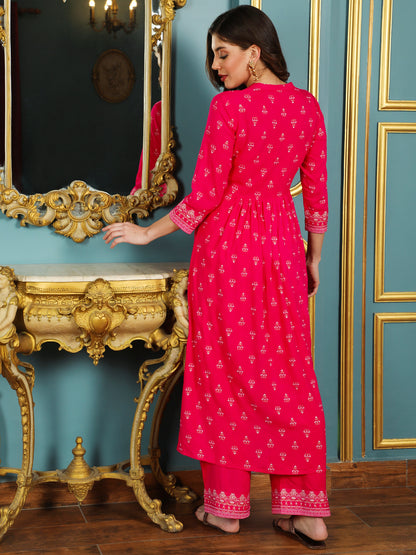 Rayon Calf Length Printed Flared 3/4 Sleeves Mandarin Neck Kurta Bottom Dupatta Set