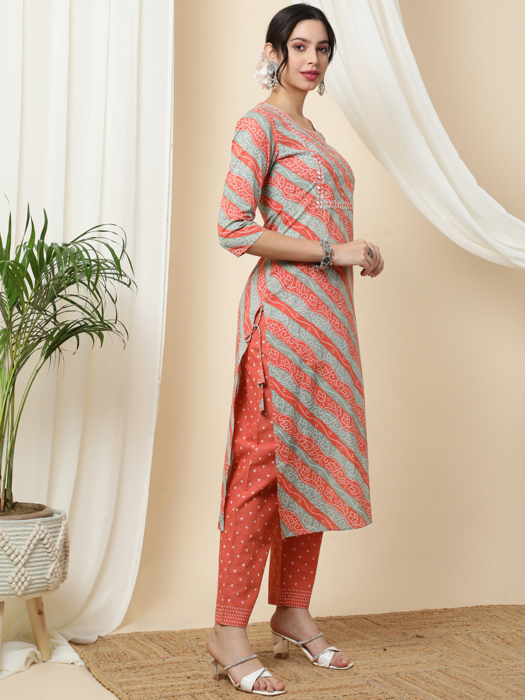 Cotton  Calf Length Printed Straight 3/4 Sleeves Round Kurta Bottom Dupatta Set