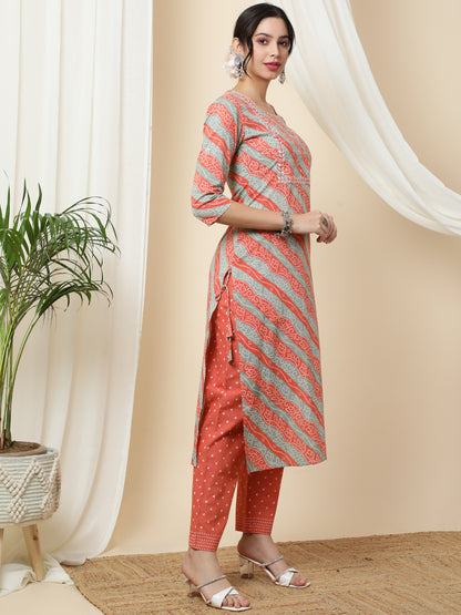 Cotton  Calf Length Printed Straight 3/4 Sleeves Round Kurta Bottom Dupatta Set