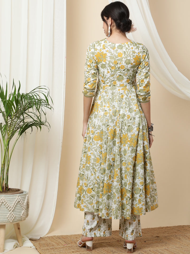 Cotton  Calf Length Printed Flared 3/4 Sleeves Round Kurta Bottom Dupatta Set