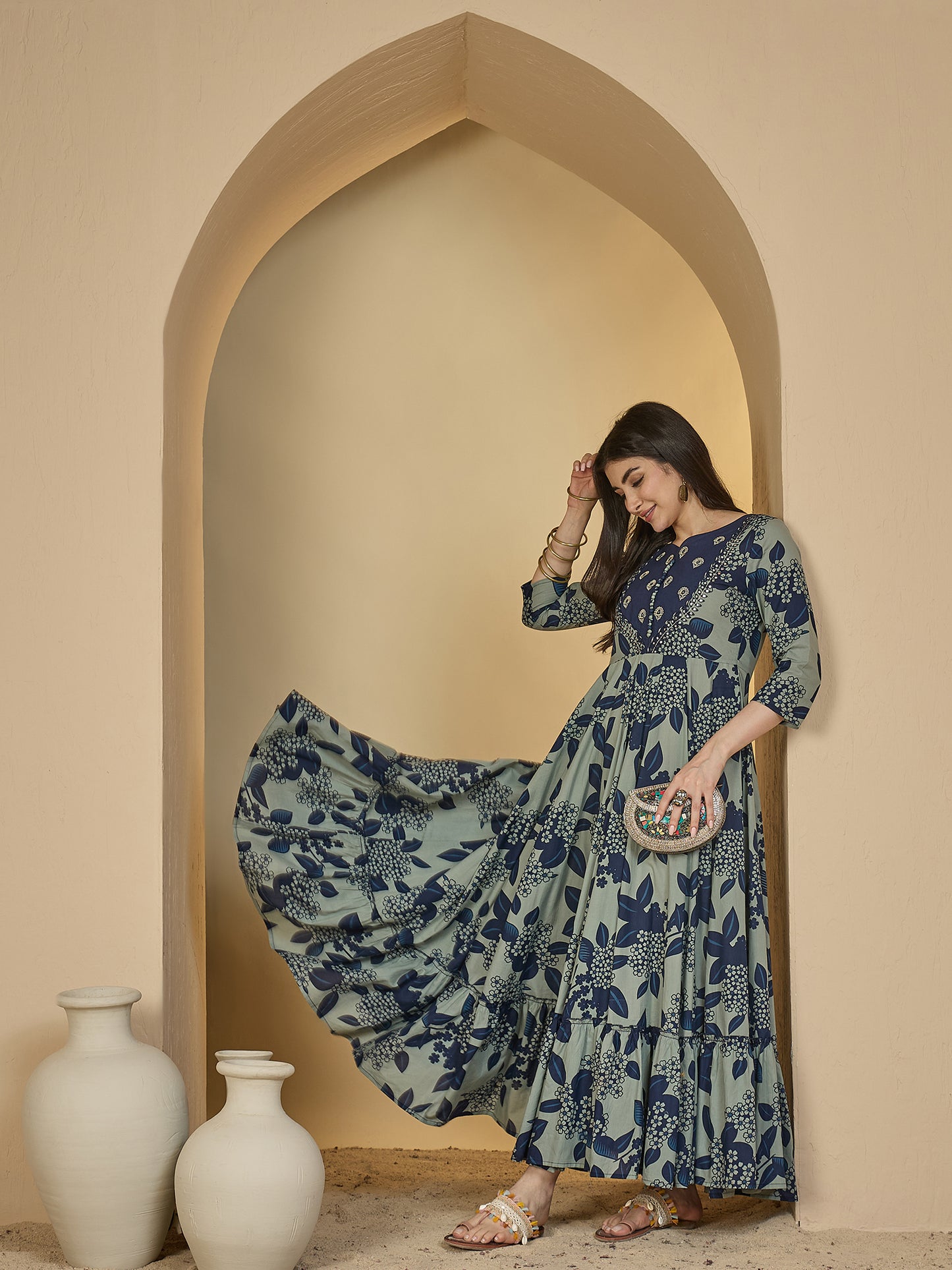 Cotton Ankle Length Printed 3/4 Sleeves Sweetheart Neck Anarkali Kurta