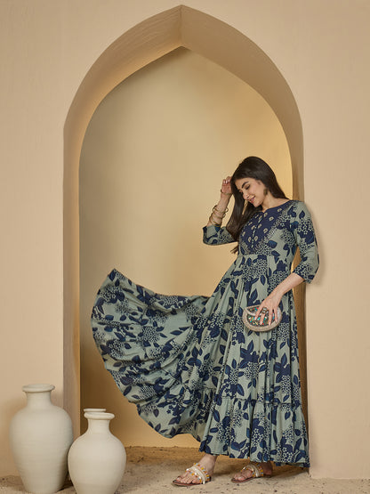 Cotton Ankle Length Printed 3/4 Sleeves Sweetheart Neck Anarkali Kurta