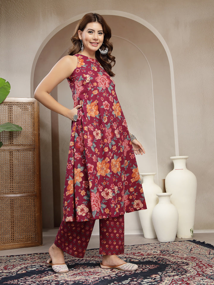 Flared Printed Cotton Round Neck Kurta Set
