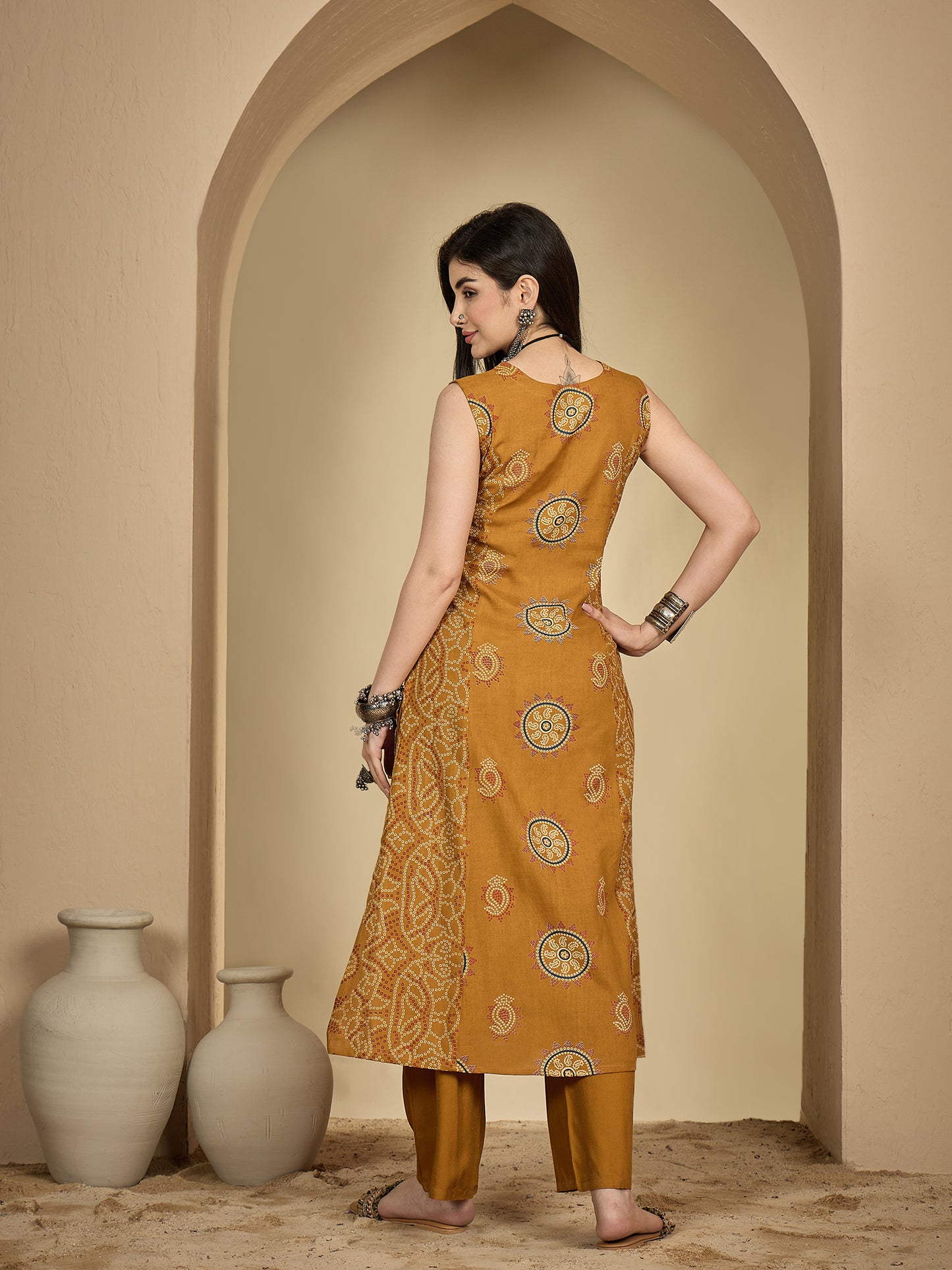 Rayon Calf Length Printed Sleeveless V-Neck A-Line Kurta Suit Set