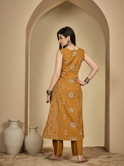 Rayon Calf Length Printed Sleeveless V-Neck A-Line Kurta Suit Set
