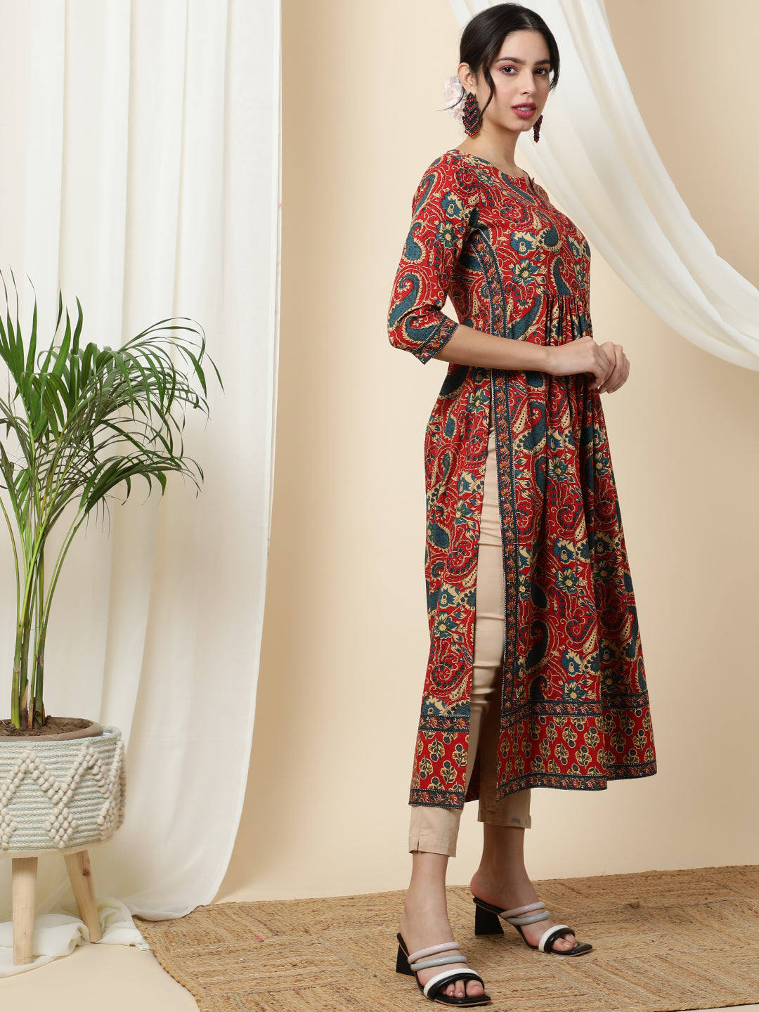 Rayon  Calf Length Printed Semi-Flared 3/4 Sleeves Round Kurta