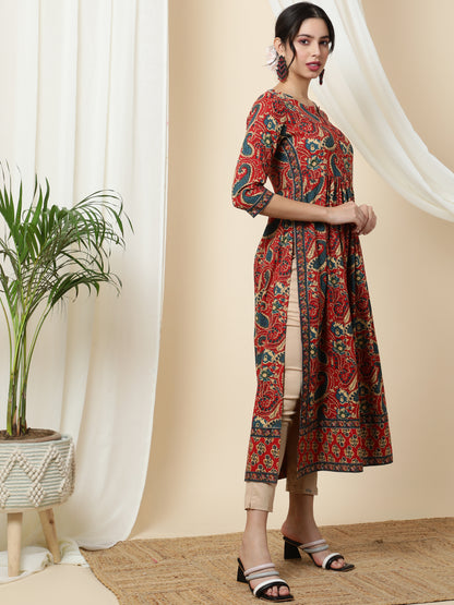 Rayon  Calf Length Printed Semi-Flared 3/4 Sleeves Round Kurta