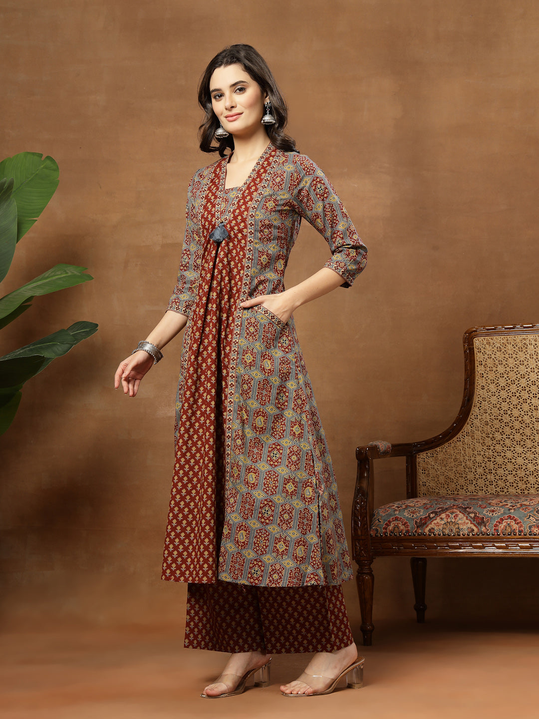 A-Line Printed Cotton V-Neck Kurta Set