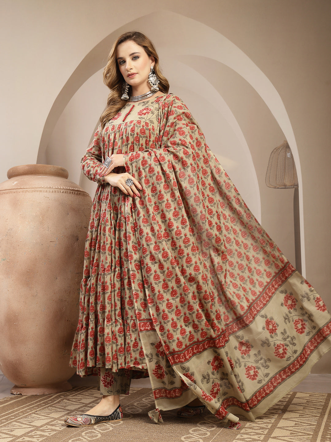 Malmal Calf Length Printed 3/4 Sleeve Round Neck Anarkali Kurta Suit Set