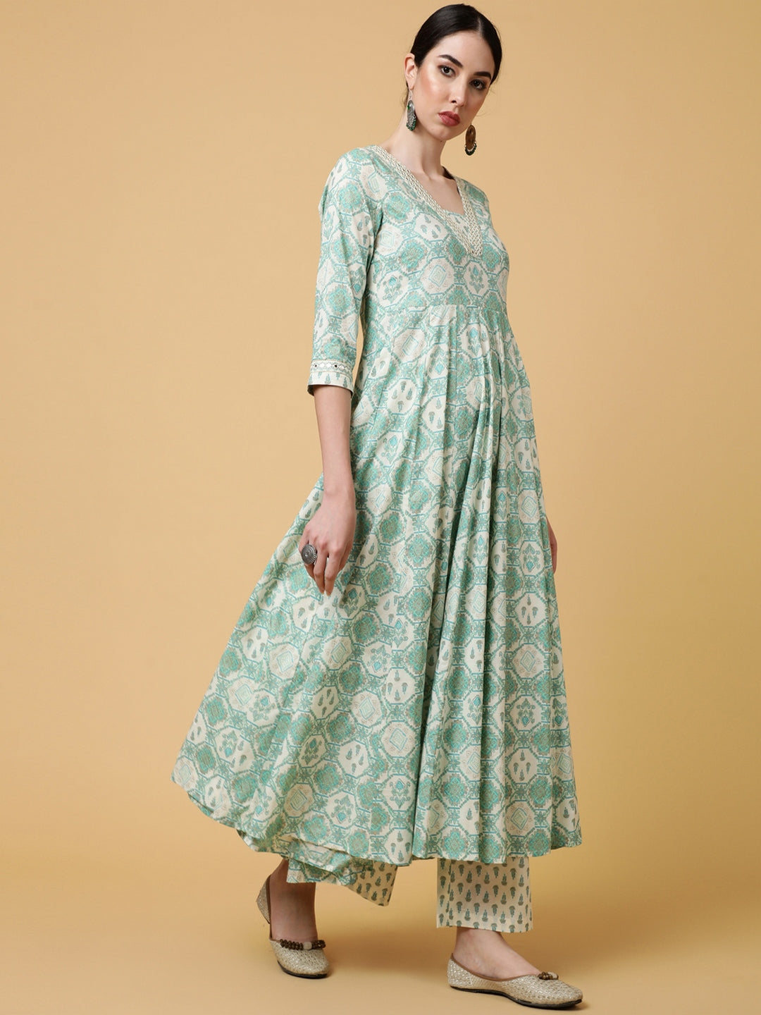 Cotton Calf Length Printed Flared 3/4 Sleeves V-Neck Kurta Bottom Dupatta Set