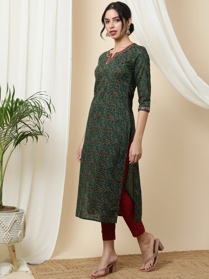 Cotton  Calf Length Printed Straight 3/4 Sleeves Round Kurta