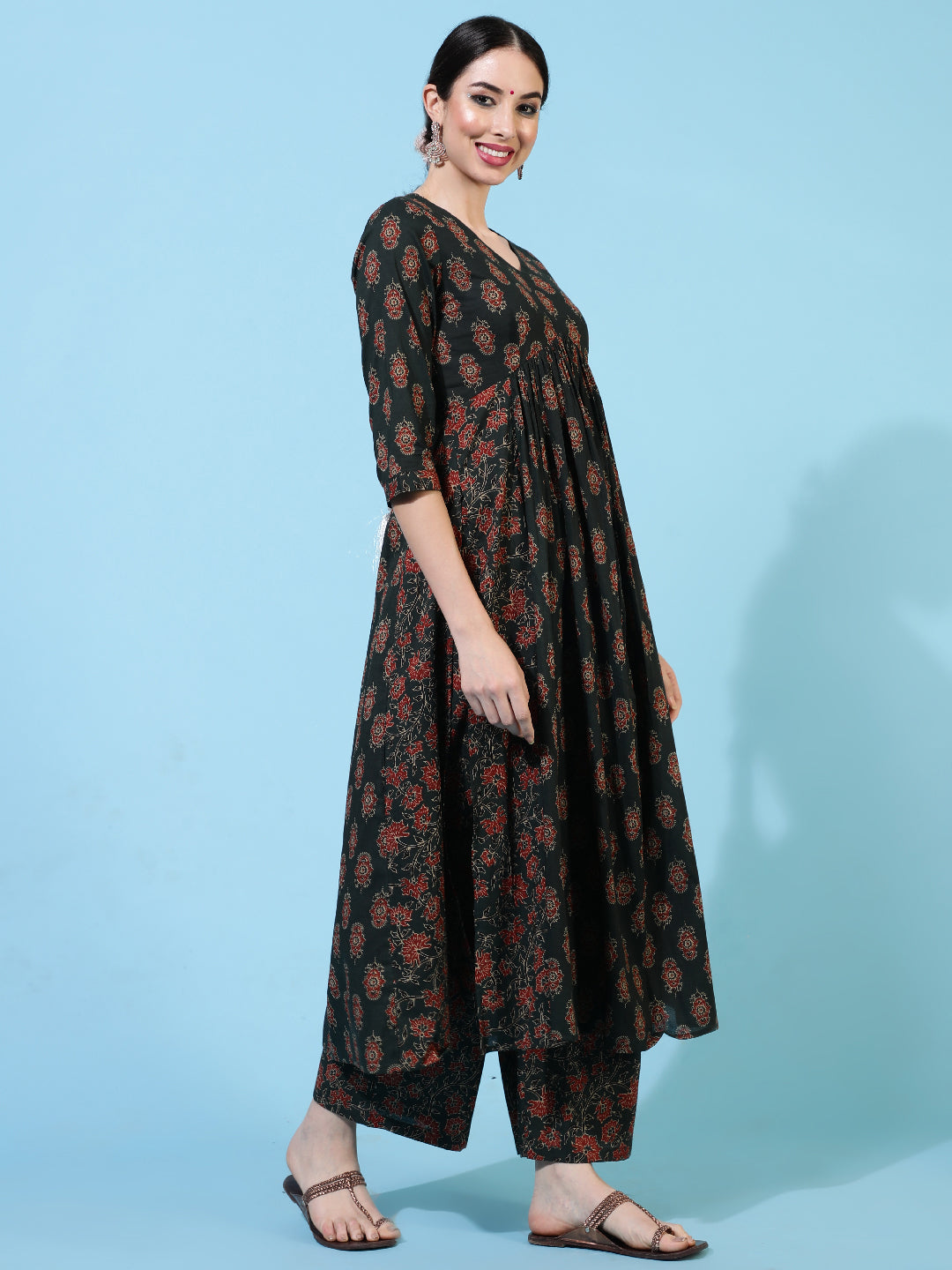 Cotton Calf Length Printed Flared 3/4 Sleeves V-Neck Kurta Bottom Dupatta Set
